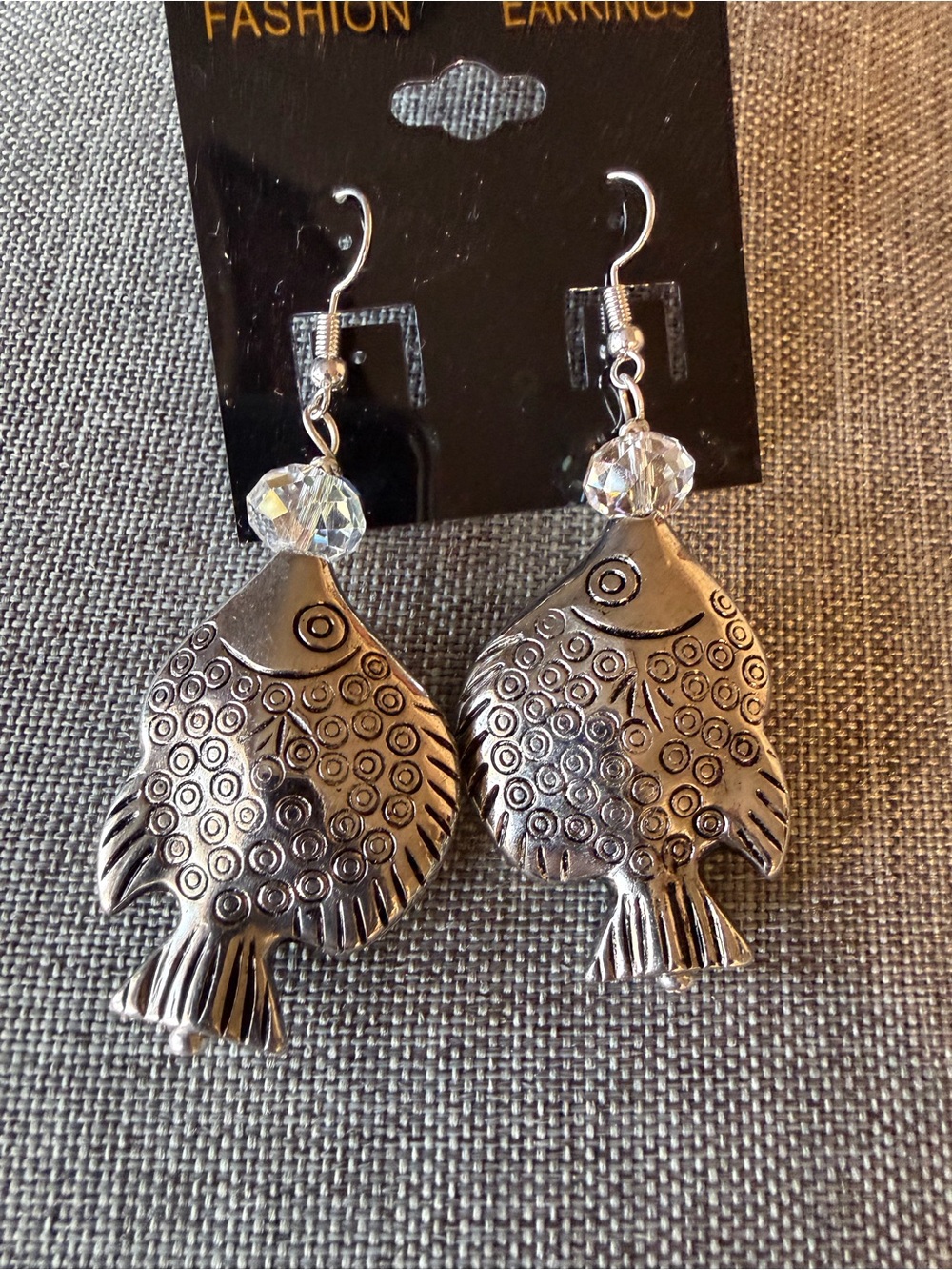 Silver Fish Drop Earrings with Crystal Accent